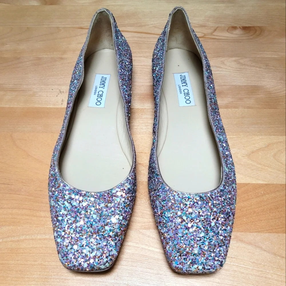 Jimmy Choo Multicolor Glitter Square-Toe Flats - Picture 3 of 15